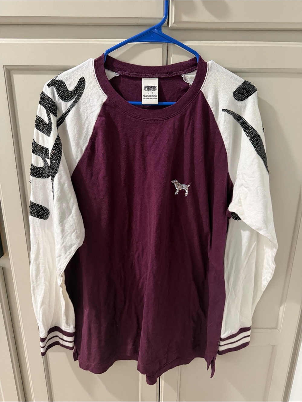 PINK Victoria's Secret Women’s Maroon & White Long Sleeve Raglan Top
